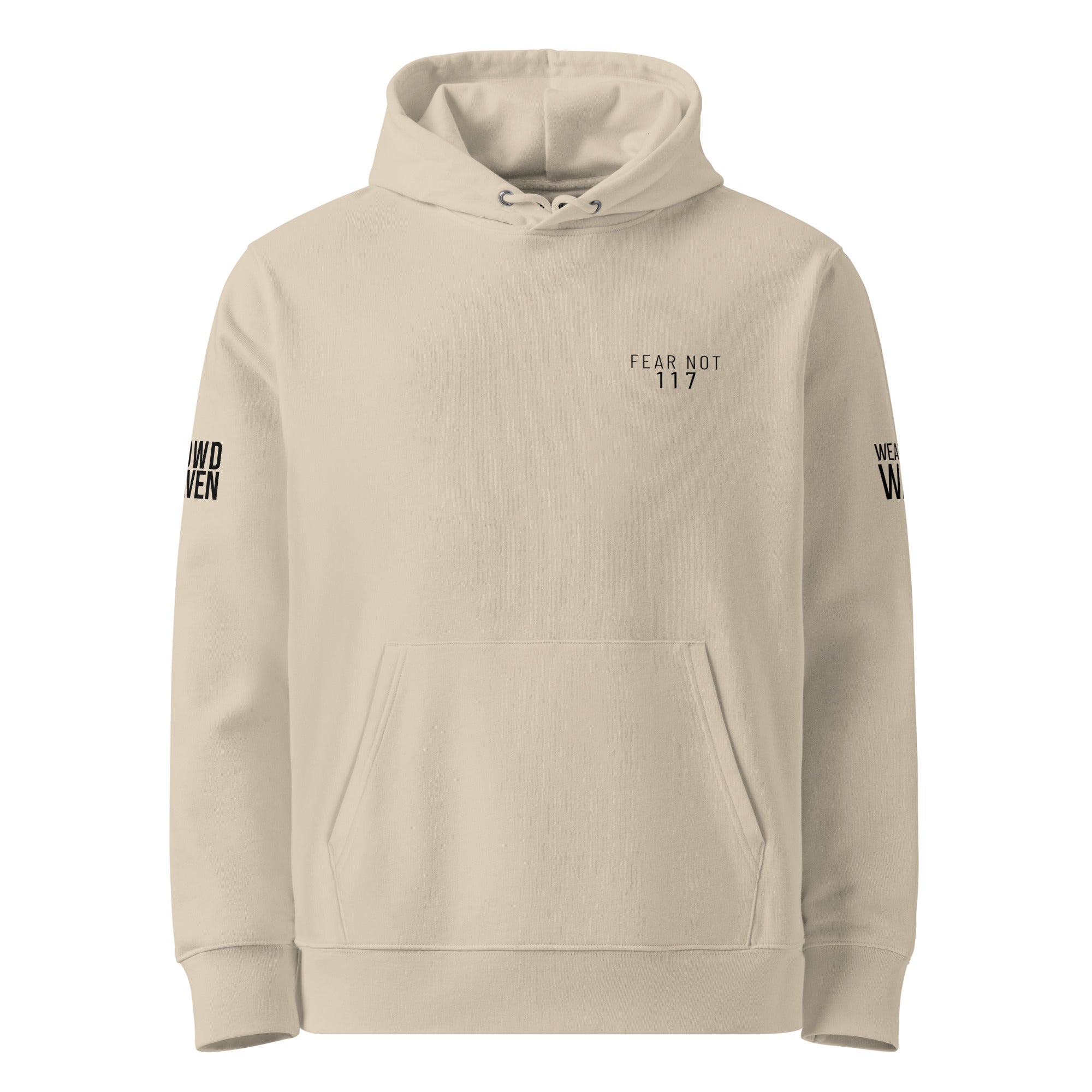 Beige hoodie with text on sleeves against a white background