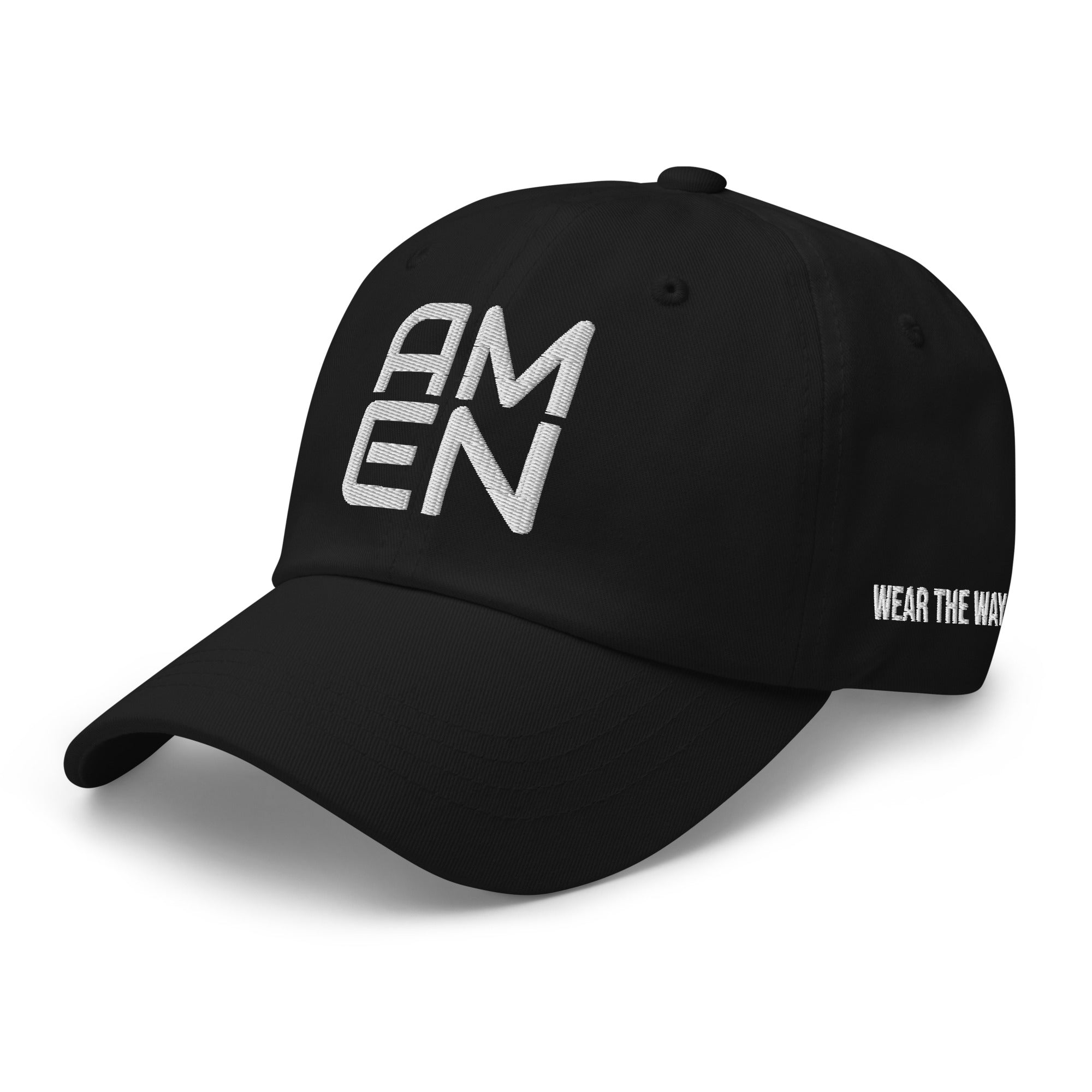 Black cap with 'AMEN' text on a white background