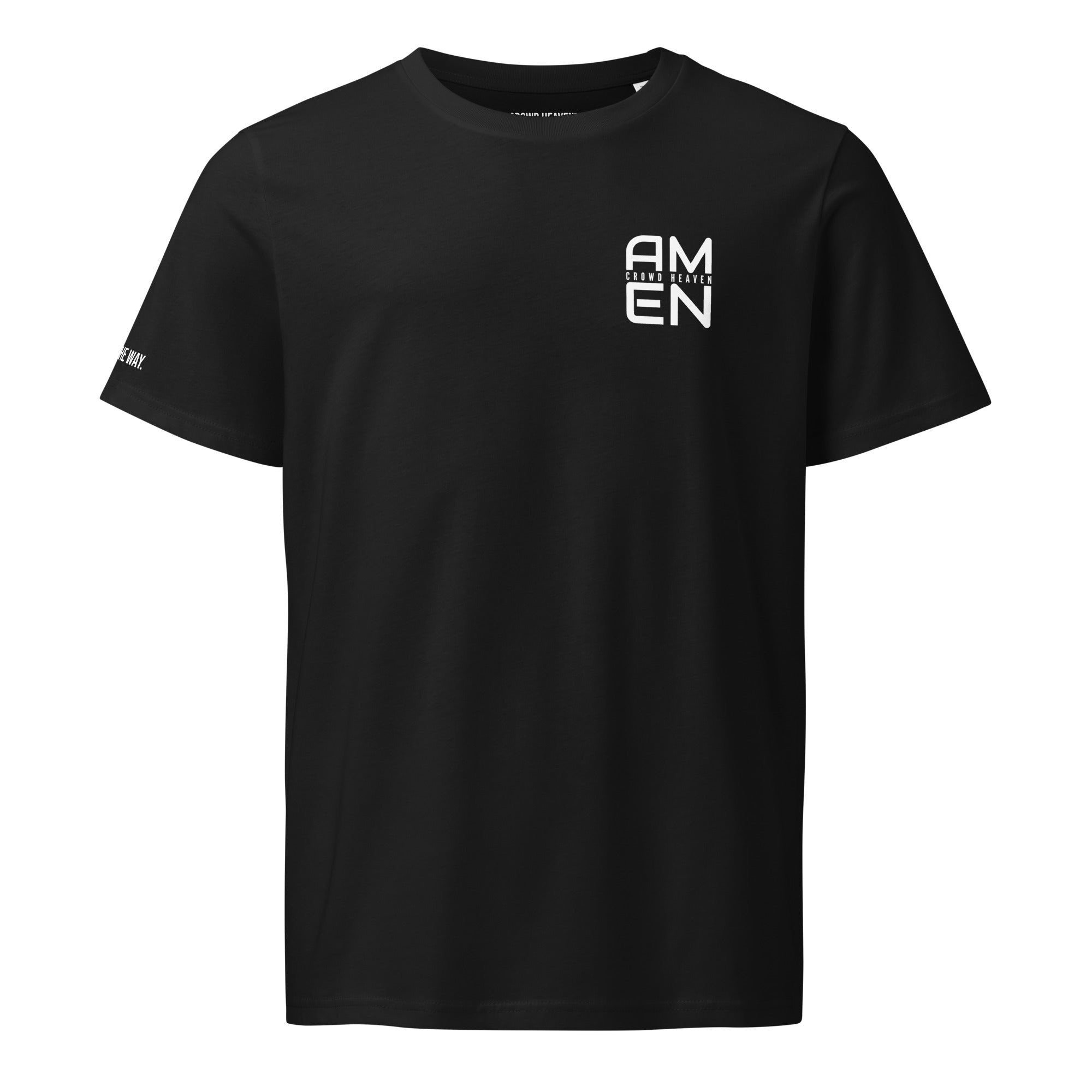 Black t-shirt with 'AMEN' logo on a white background