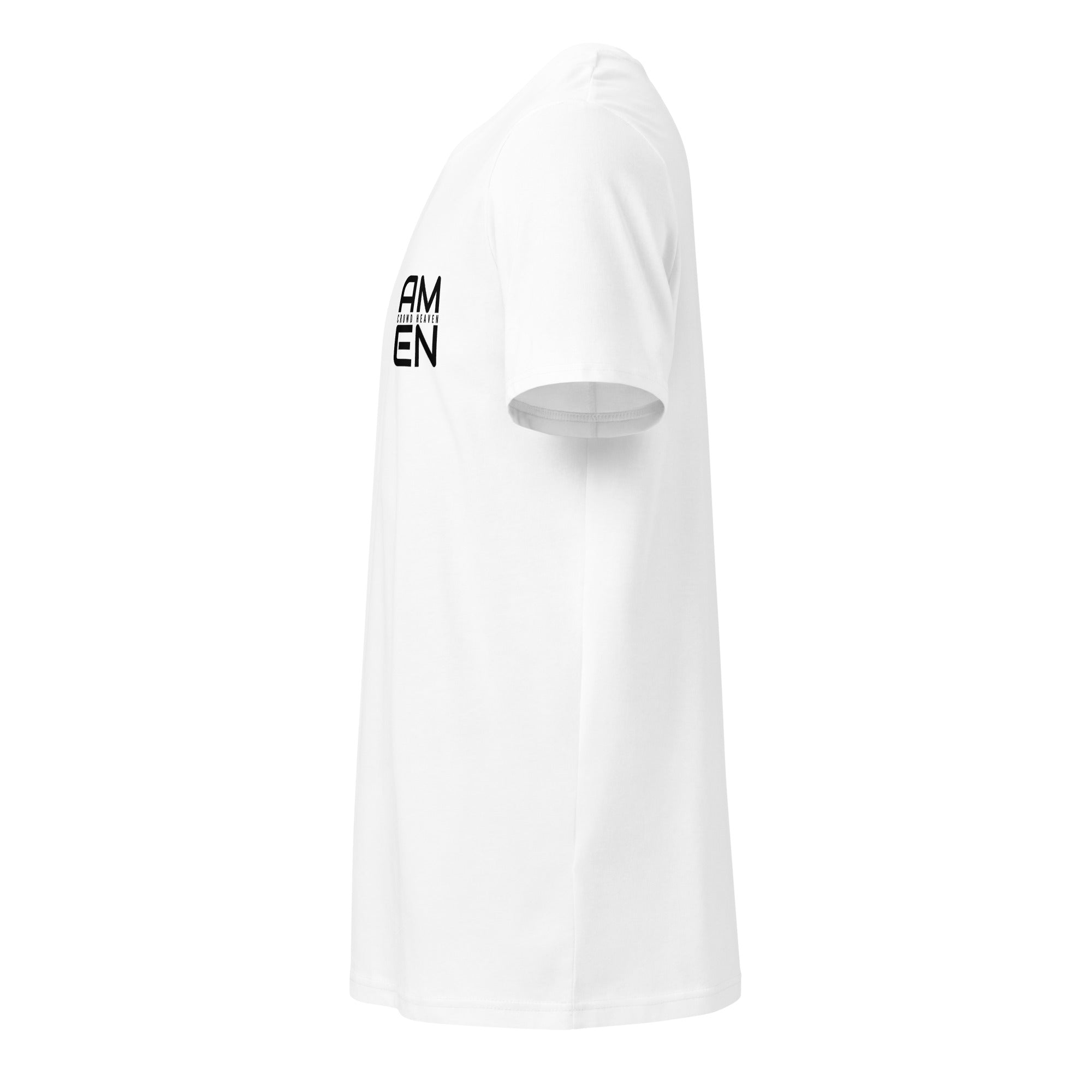 White t-shirt with a logo on the sleeve against a white background