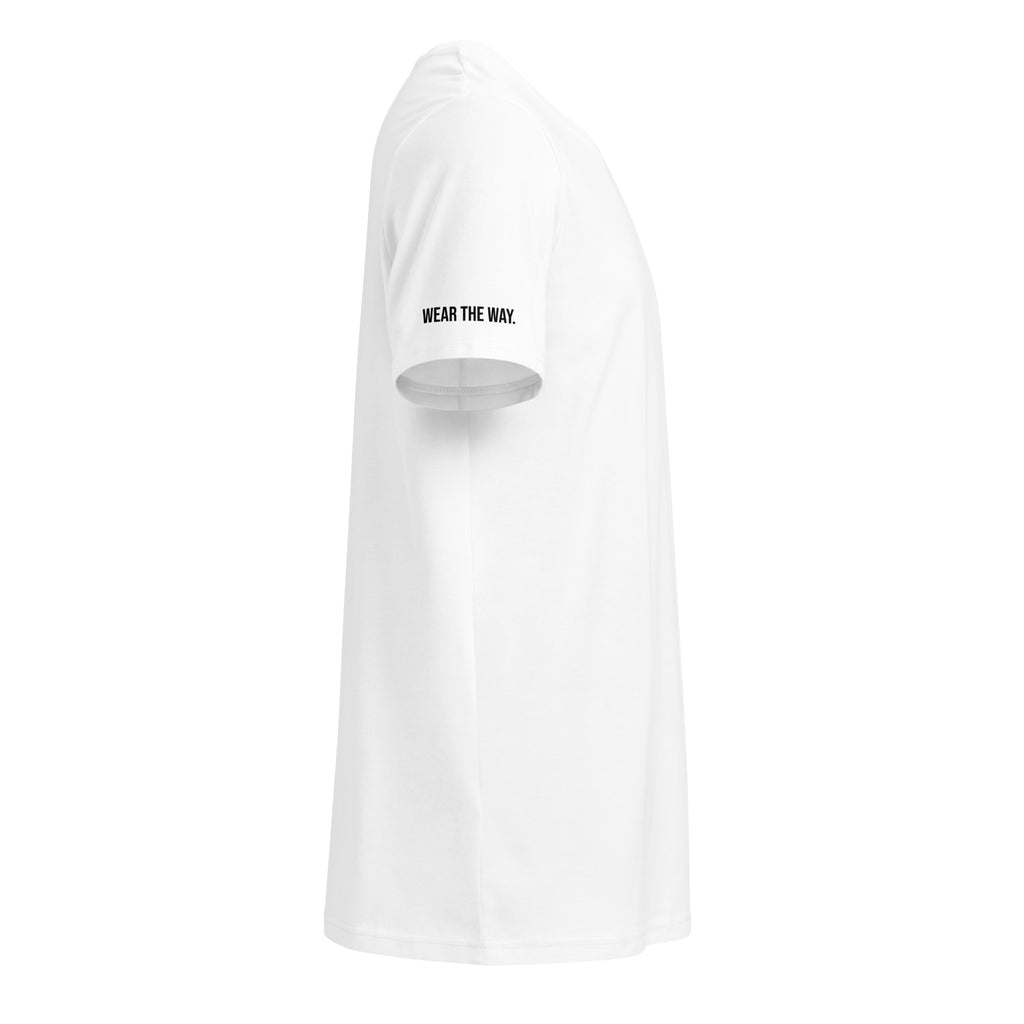 White t-shirt with 'Wear the Way' text on a white background
