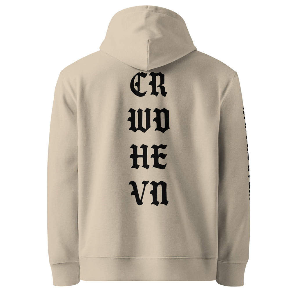 Beige hoodie with black text on the back and sleeve