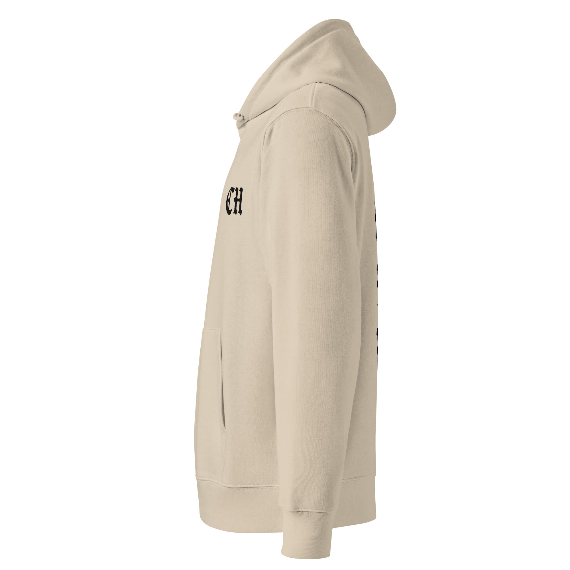 Beige hoodie with a logo on the sleeve against a white background