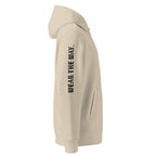 Beige hoodie with text 'WEAR THE WAY' on a white background