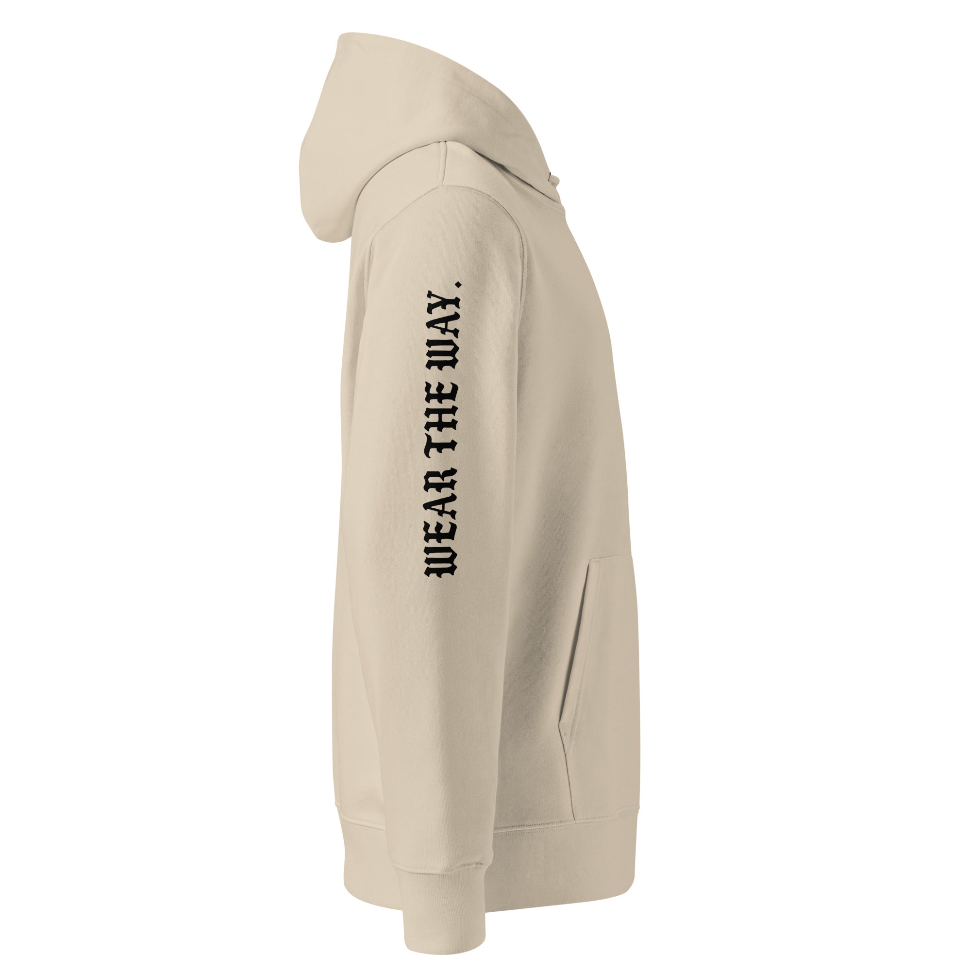 Beige hoodie with text 'WEAR THE WAY' on a white background