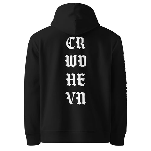 Black hoodie with white text on the back against a white background