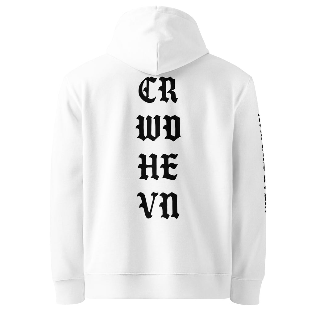 White hoodie with black text on the back and sleeve