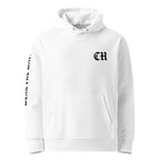 White hoodie with black text on a white background