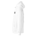 White hoodie with black logo on a white background