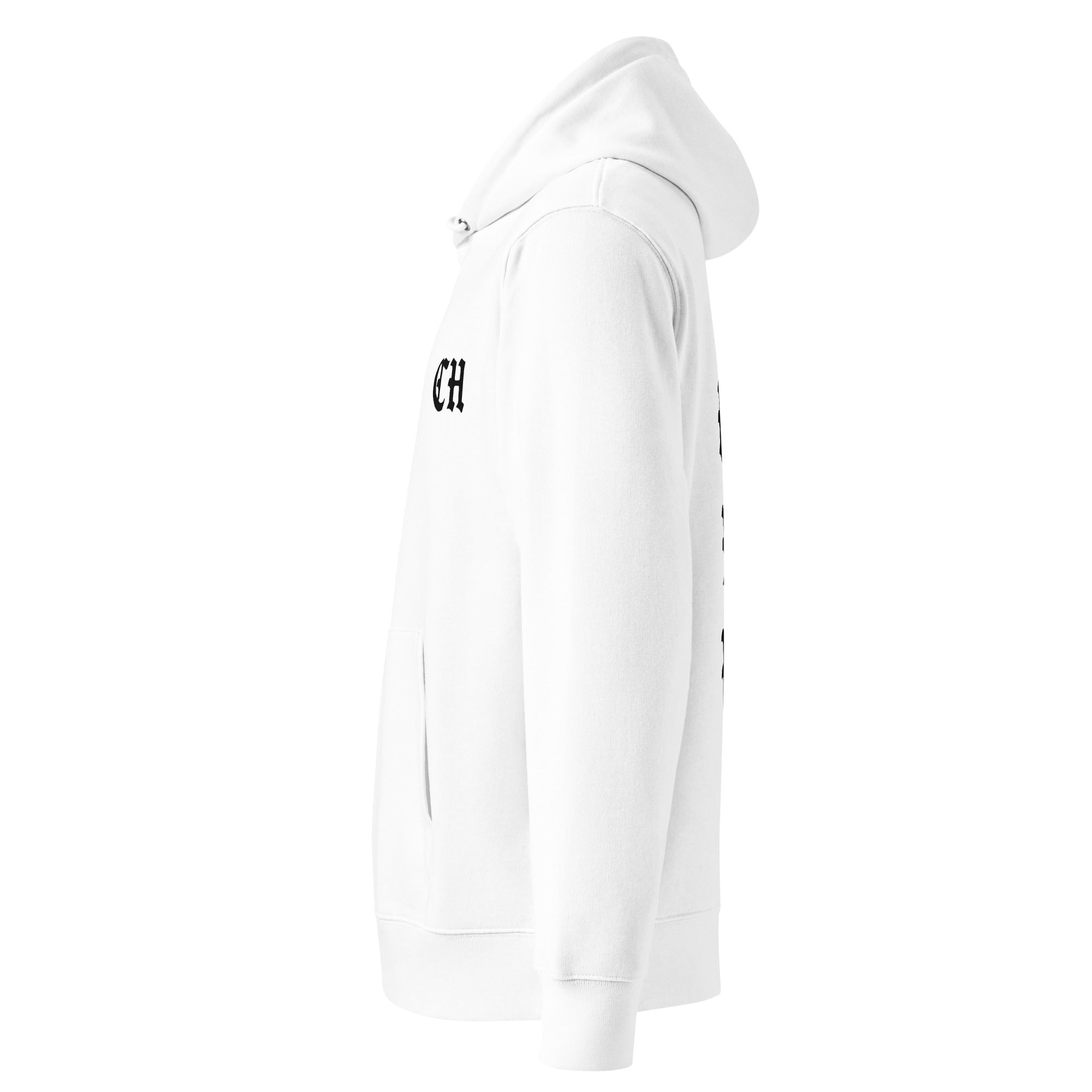 White hoodie with black logo on a white background