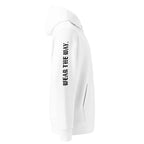 White hoodie with text 'WEAR THE WAY' on a white background