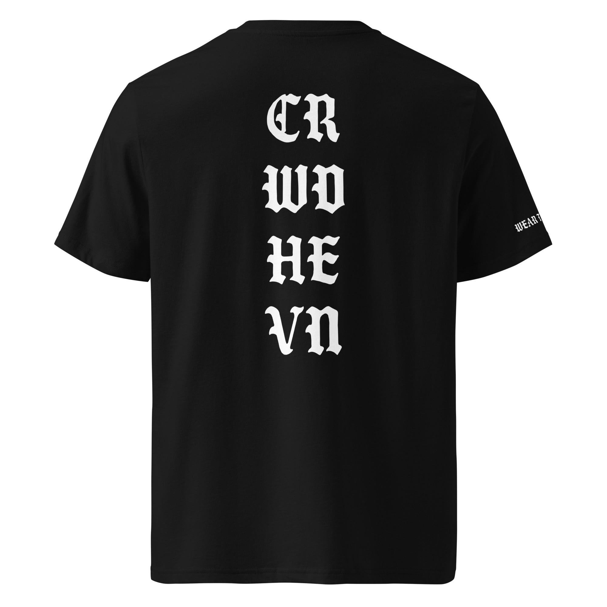 Black t-shirt with white text on the back and sleeve, on a white background