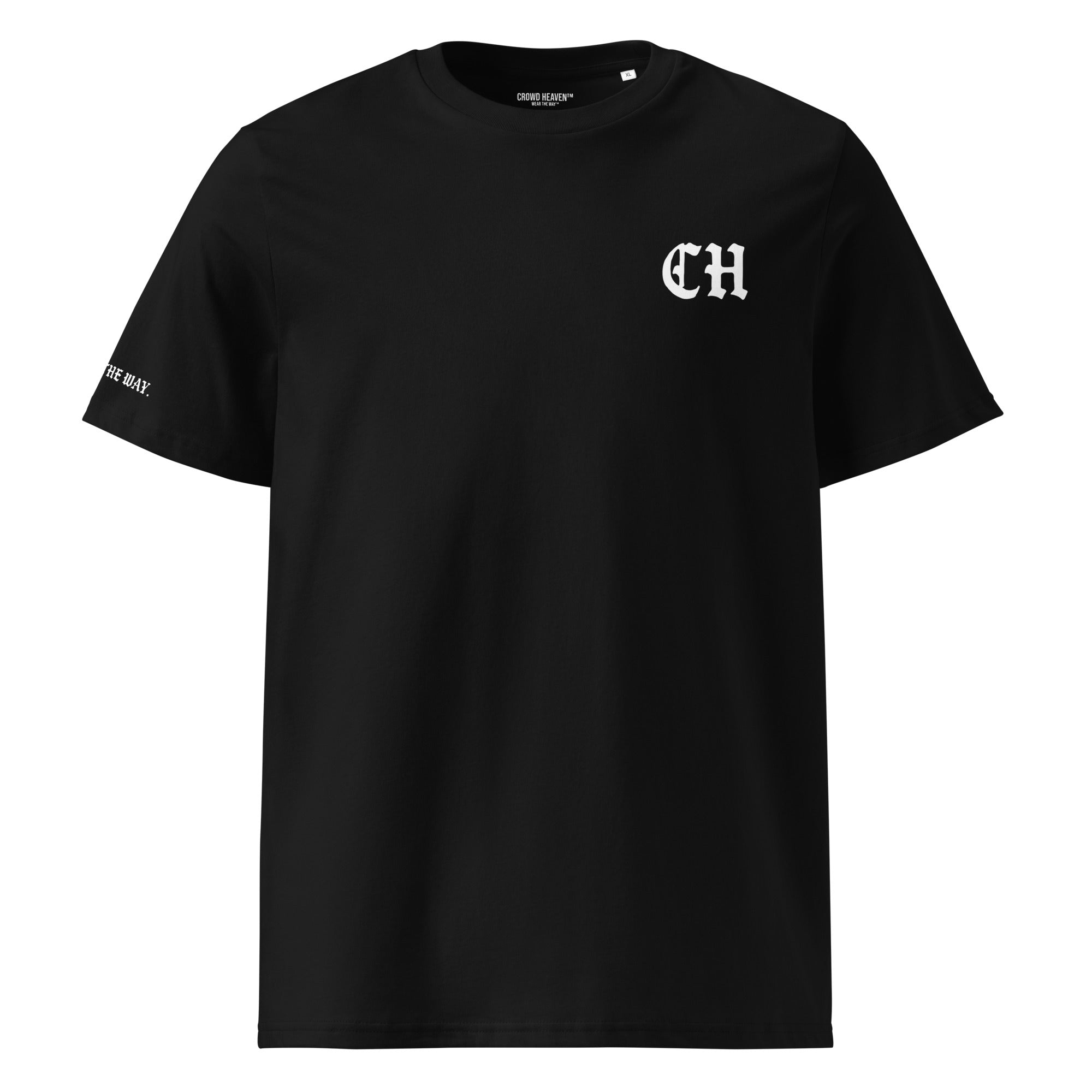 Black t-shirt with 'CH' logo on a white background