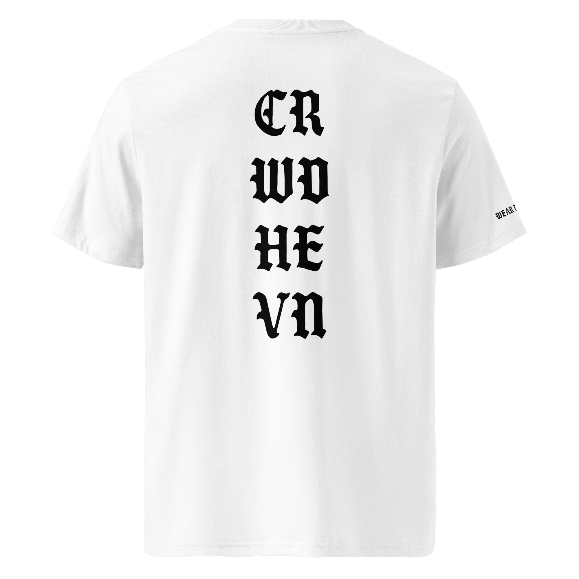 White t-shirt with black text on the back on a white background