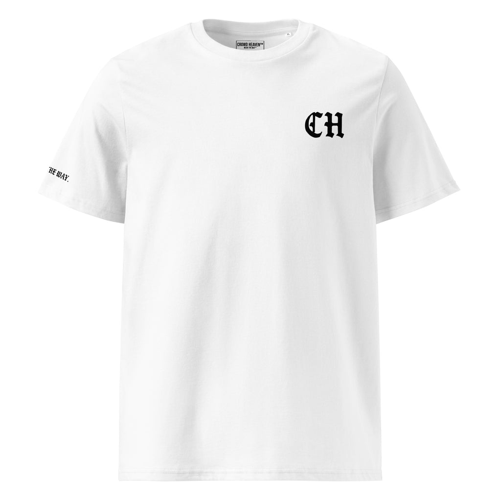White t-shirt with black text on a white background