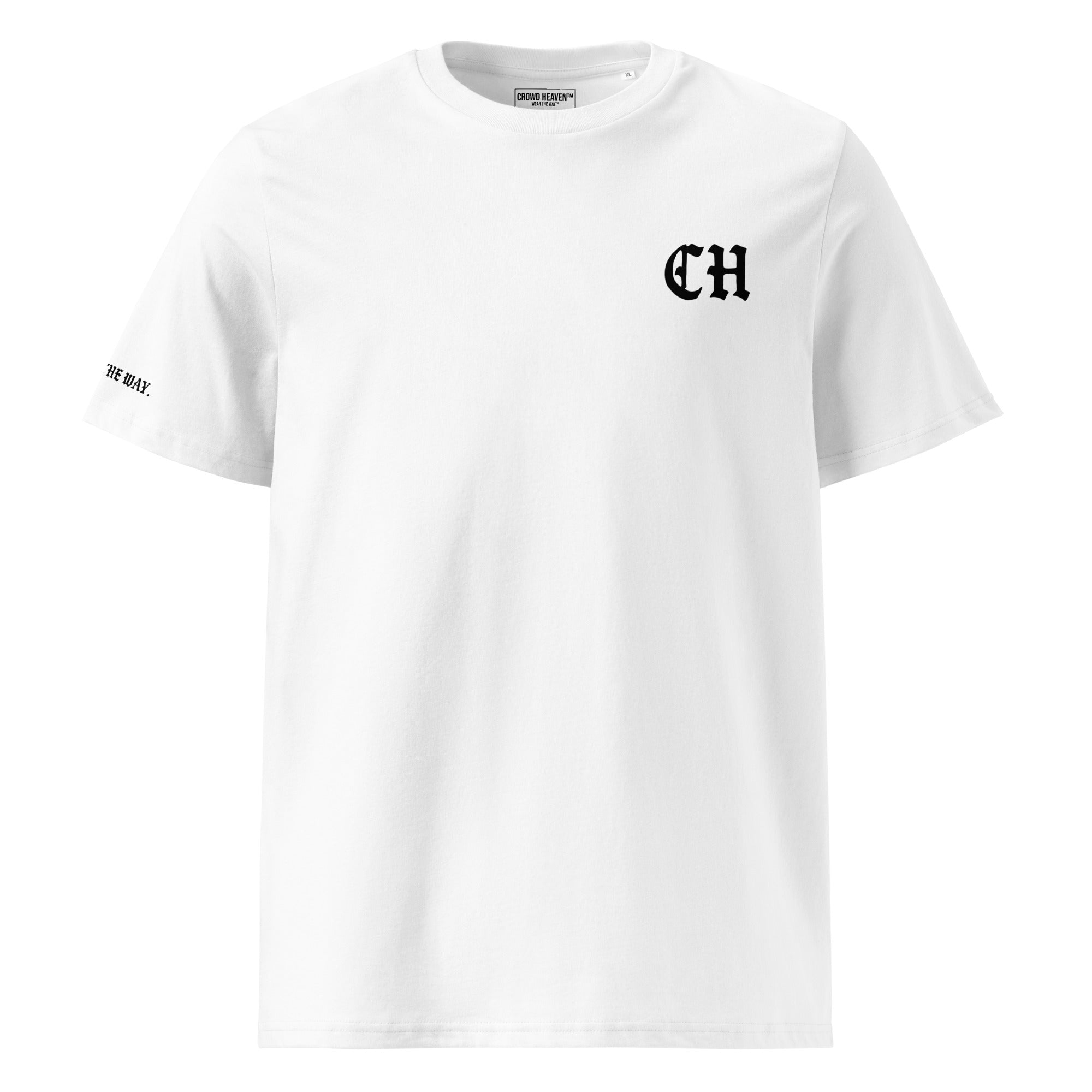 White t-shirt with black text on a white background