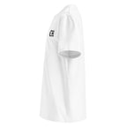 White t-shirt with a logo on the chest against a white background