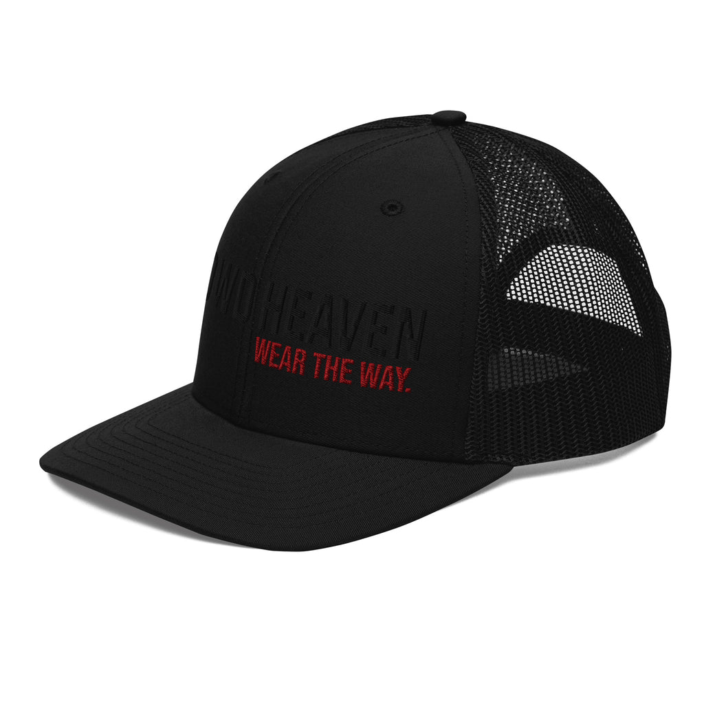 Black trucker hat with maroon text on a white background