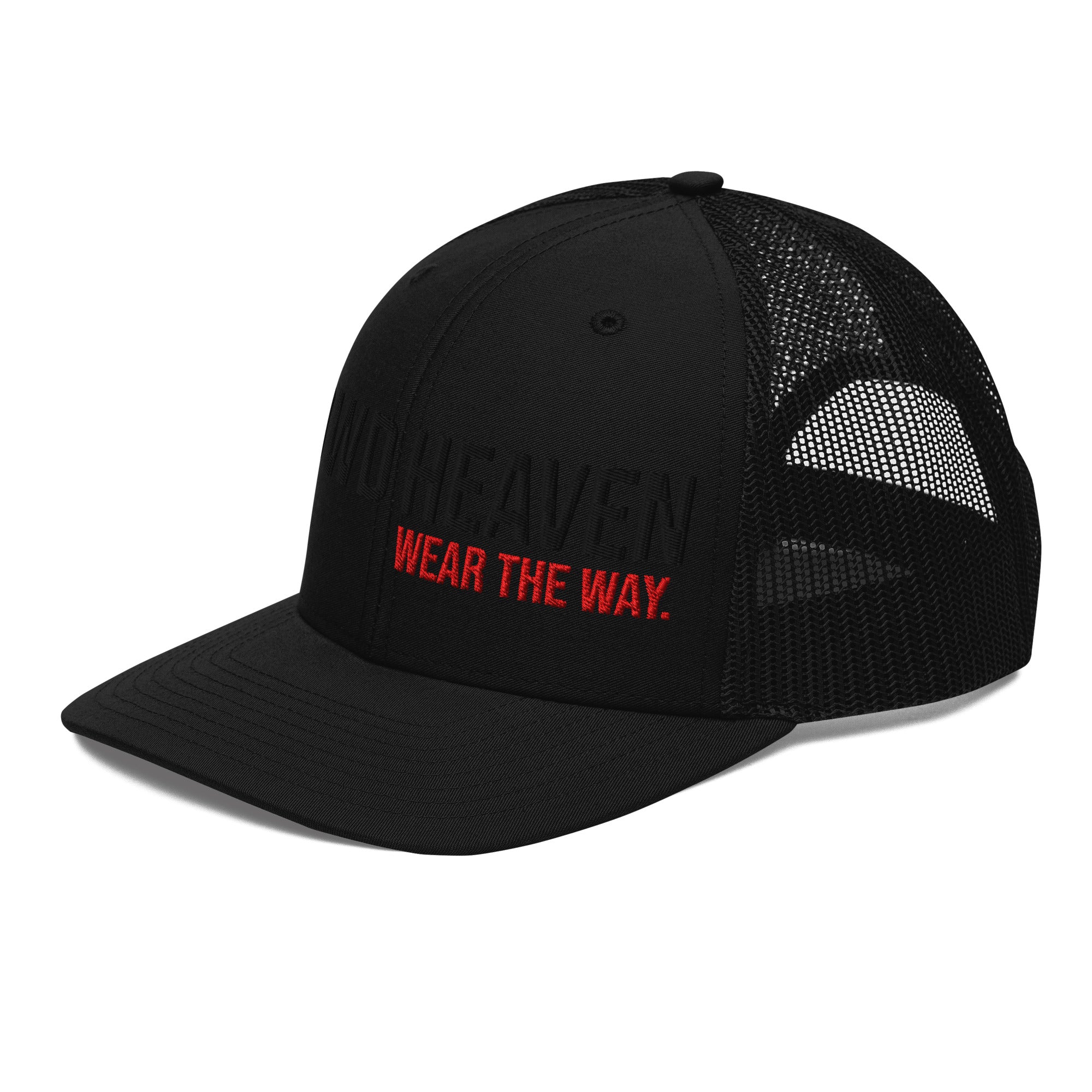 Black trucker hat with red text on a white background