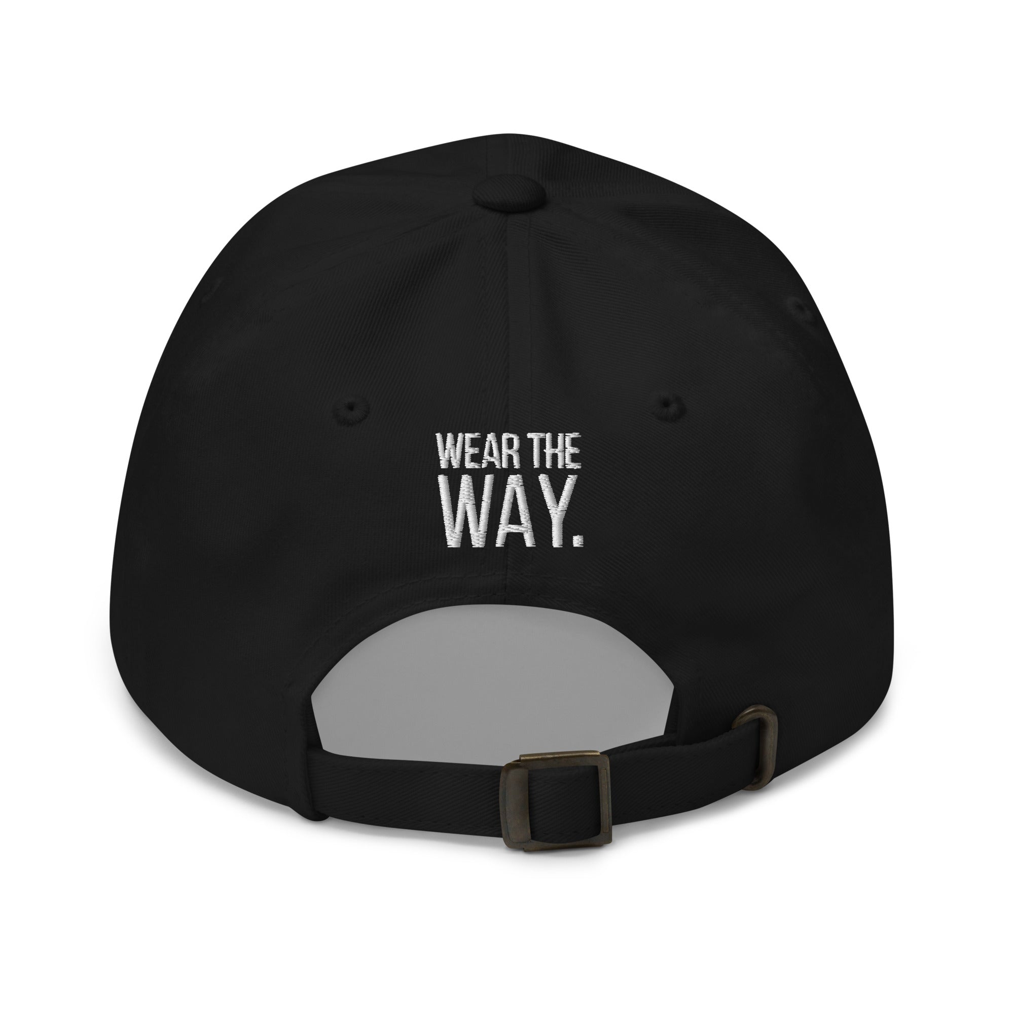 Black dad hat with 'Wear the Way' text on a white background