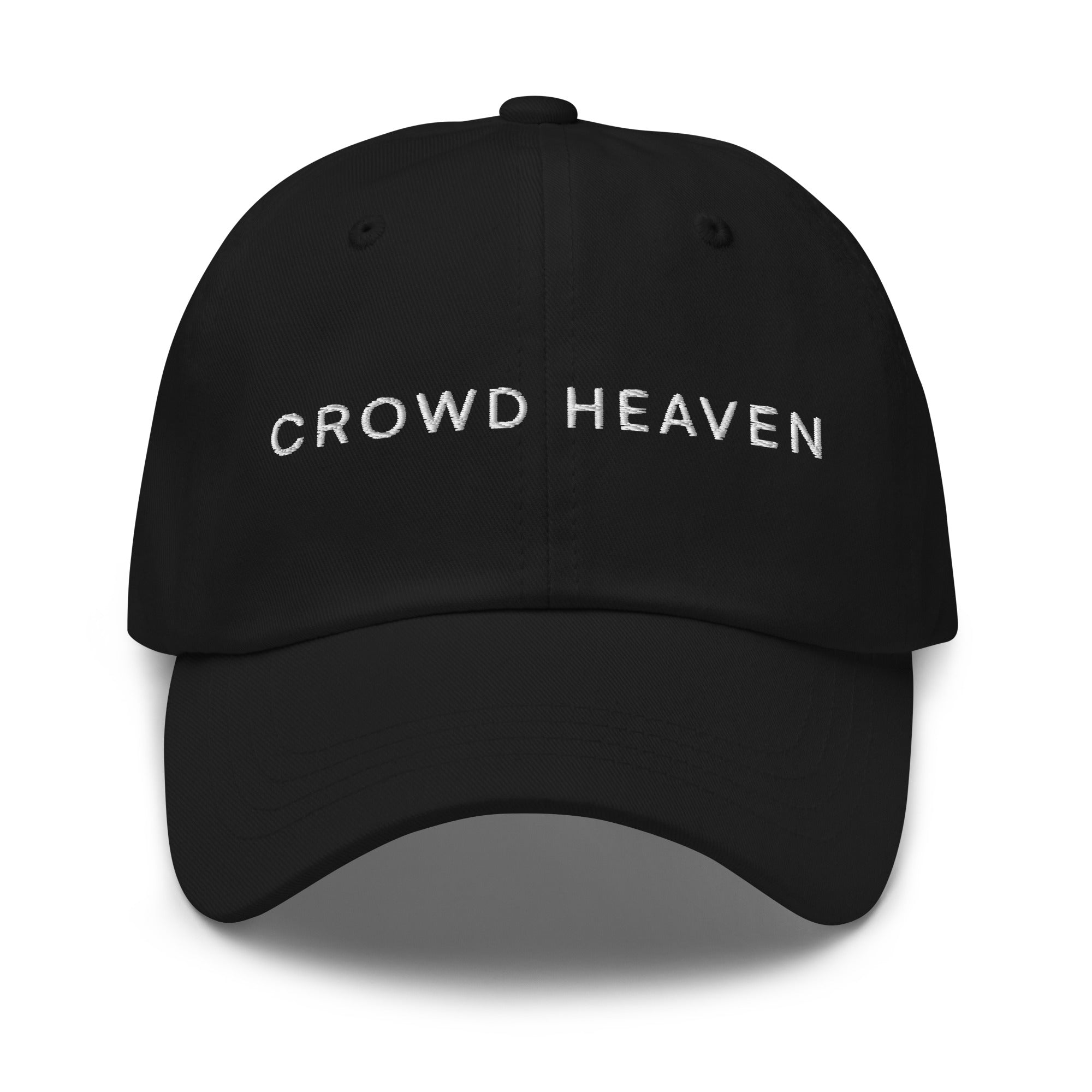 Black dad hat with 'CROWD HEAVEN' text on a white background