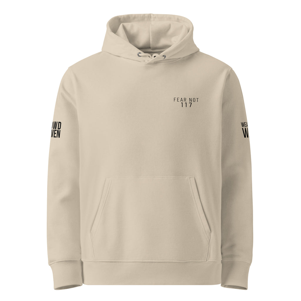 Beige hoodie with text on sleeves against a white background