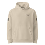 Beige hoodie with text on sleeves against a white background