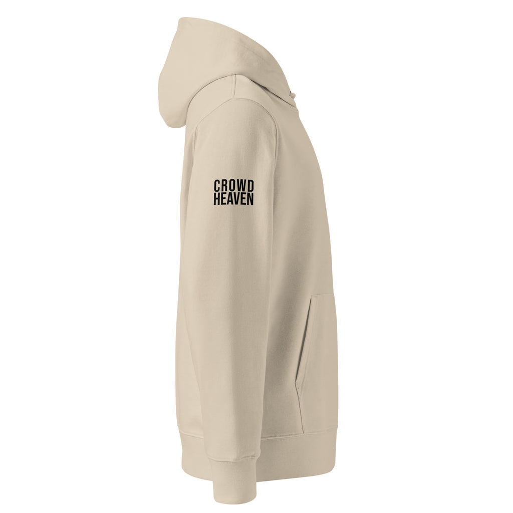 Beige hoodie with 'Crowd Heaven' text on a white background
