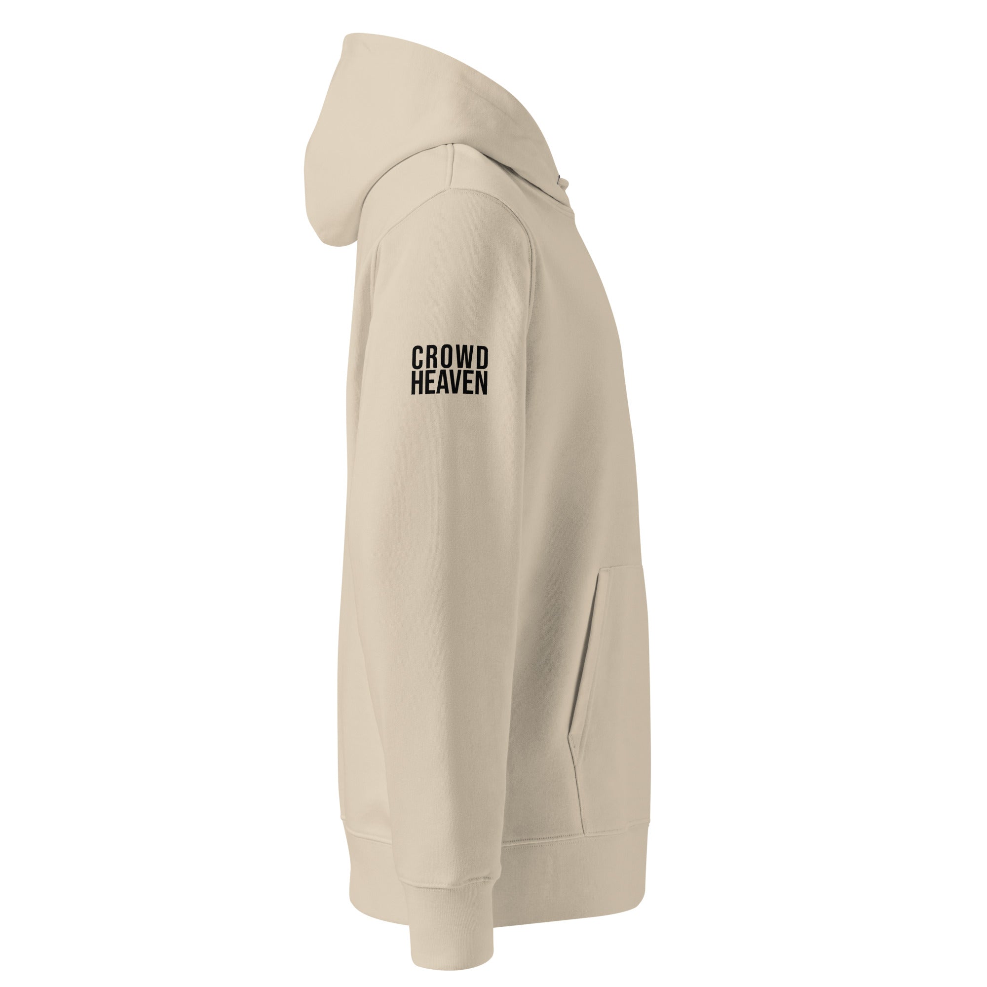 Beige hoodie with 'Crowd Heaven' text on a white background