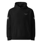 Black hoodie with text on sleeves against a white background
