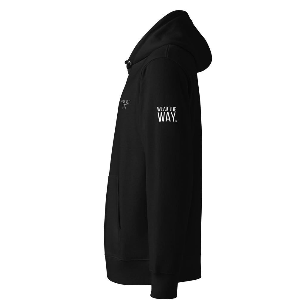 Black hoodie with 'WEAR THE WAY' text on a white background