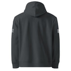 Gray hoodie with text on sleeves against a white background