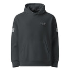 Gray hoodie with text on sleeves against a white background