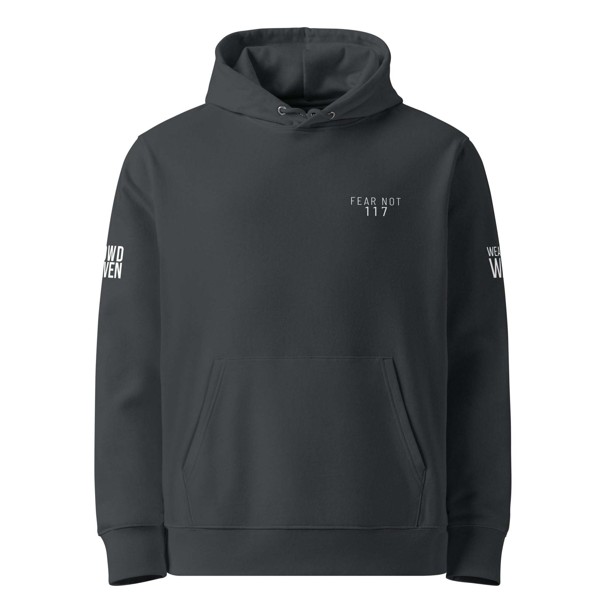Gray hoodie with text on sleeves against a white background