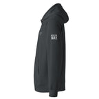 Gray hoodie with text on the sleeve against a white background