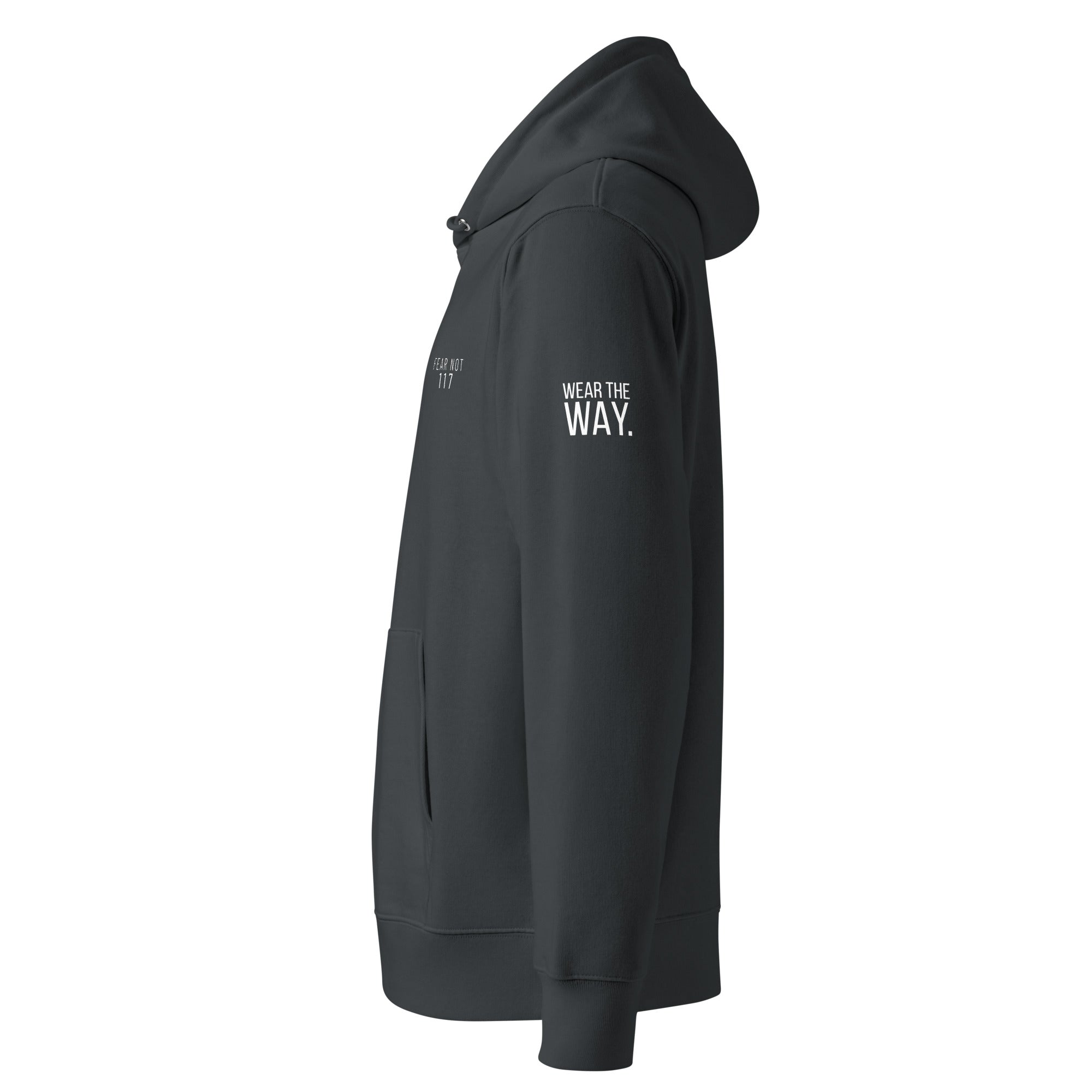 Gray hoodie with text on the sleeve against a white background