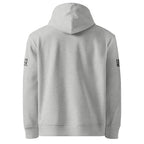 Heather Gray hoodie with text on sleeves against a white background