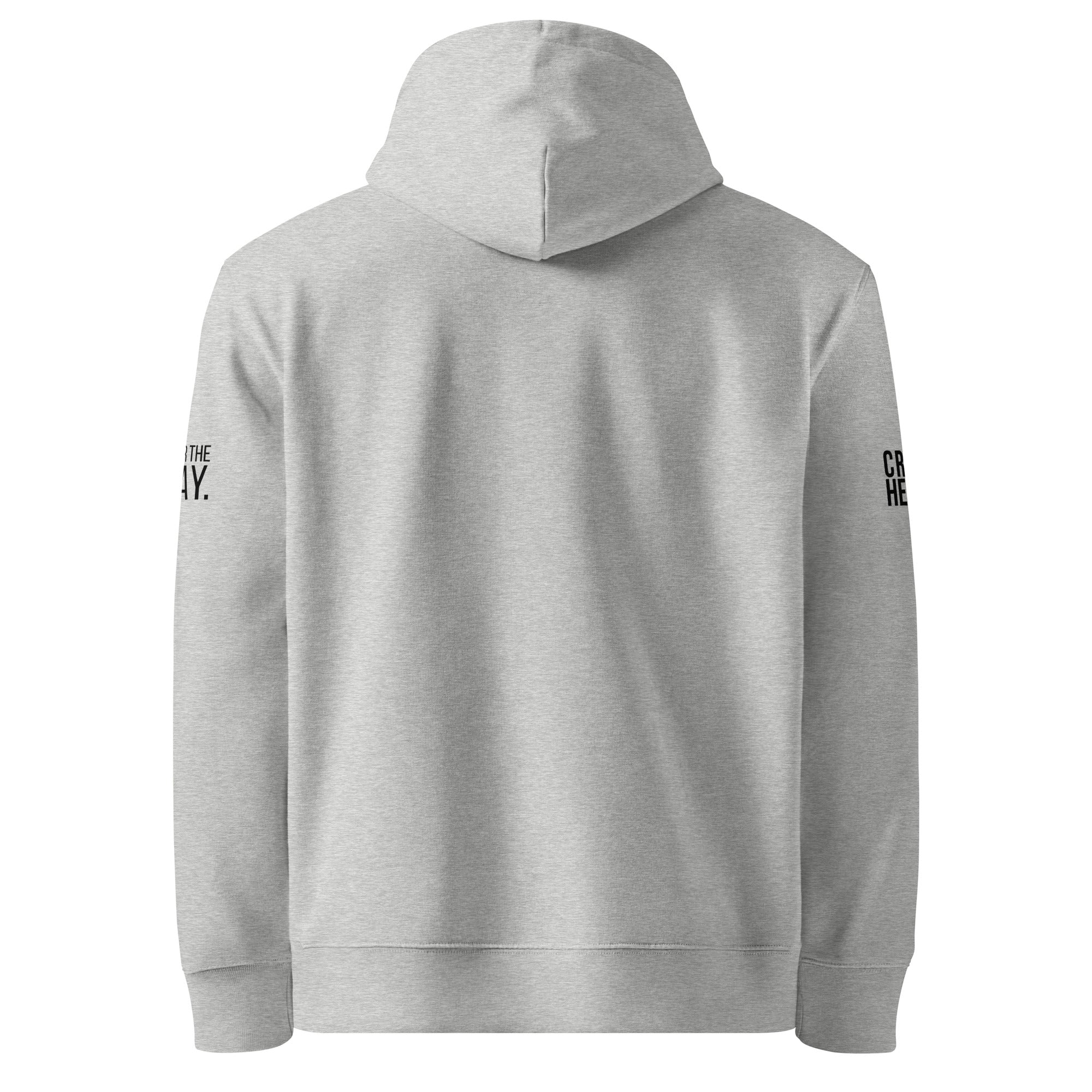 Heather Gray hoodie with text on sleeves against a white background