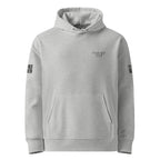 Heather Gray hoodie with text on sleeves against a white background