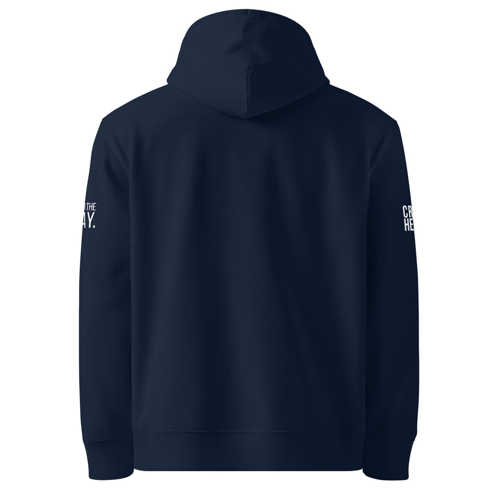 Navy blue hoodie with text on sleeves against a white background
