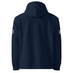 Navy blue hoodie with text on sleeves against a white background