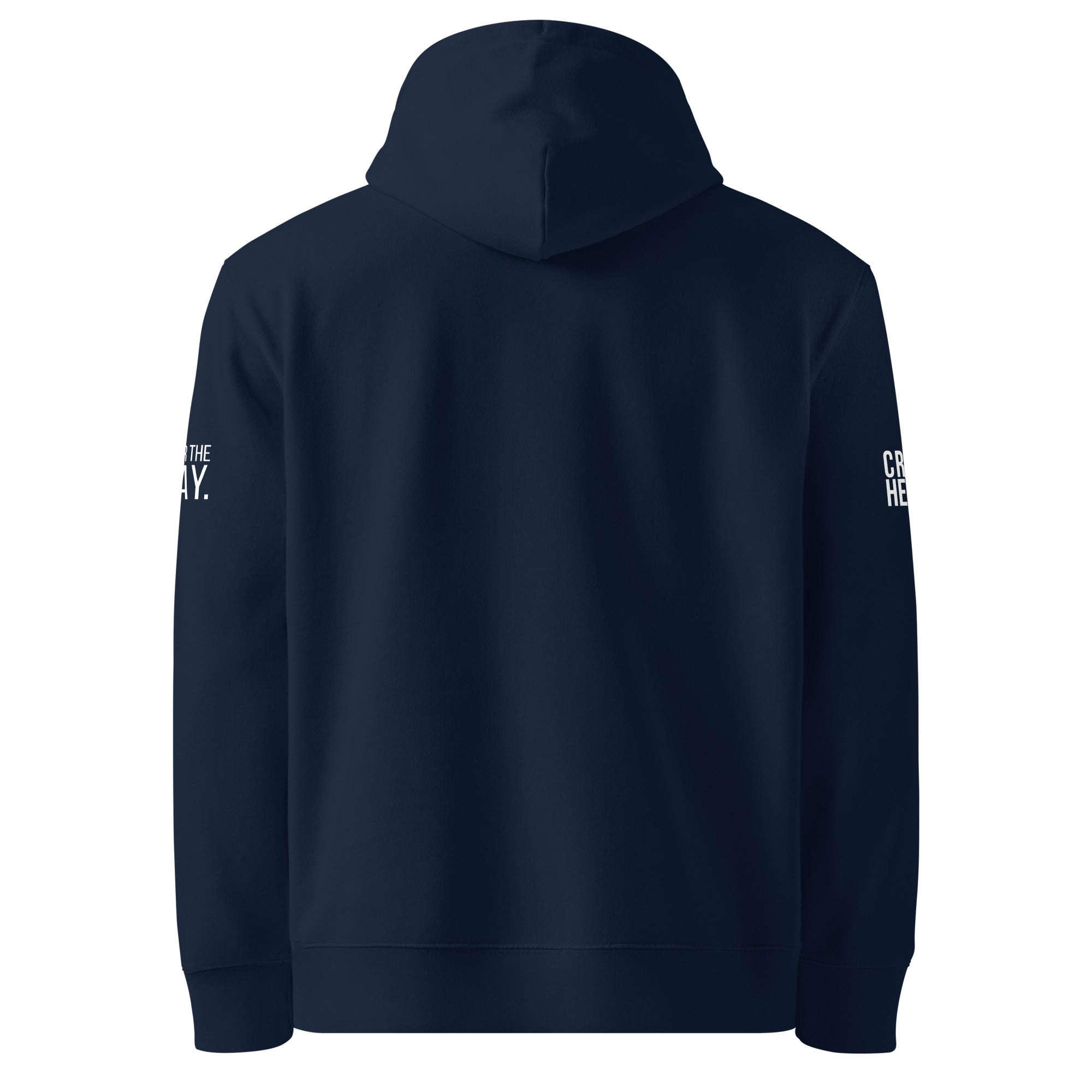Navy blue hoodie with text on sleeves against a white background