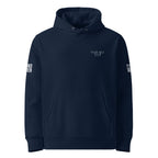 Navy blue hoodie with text on sleeves against a white background