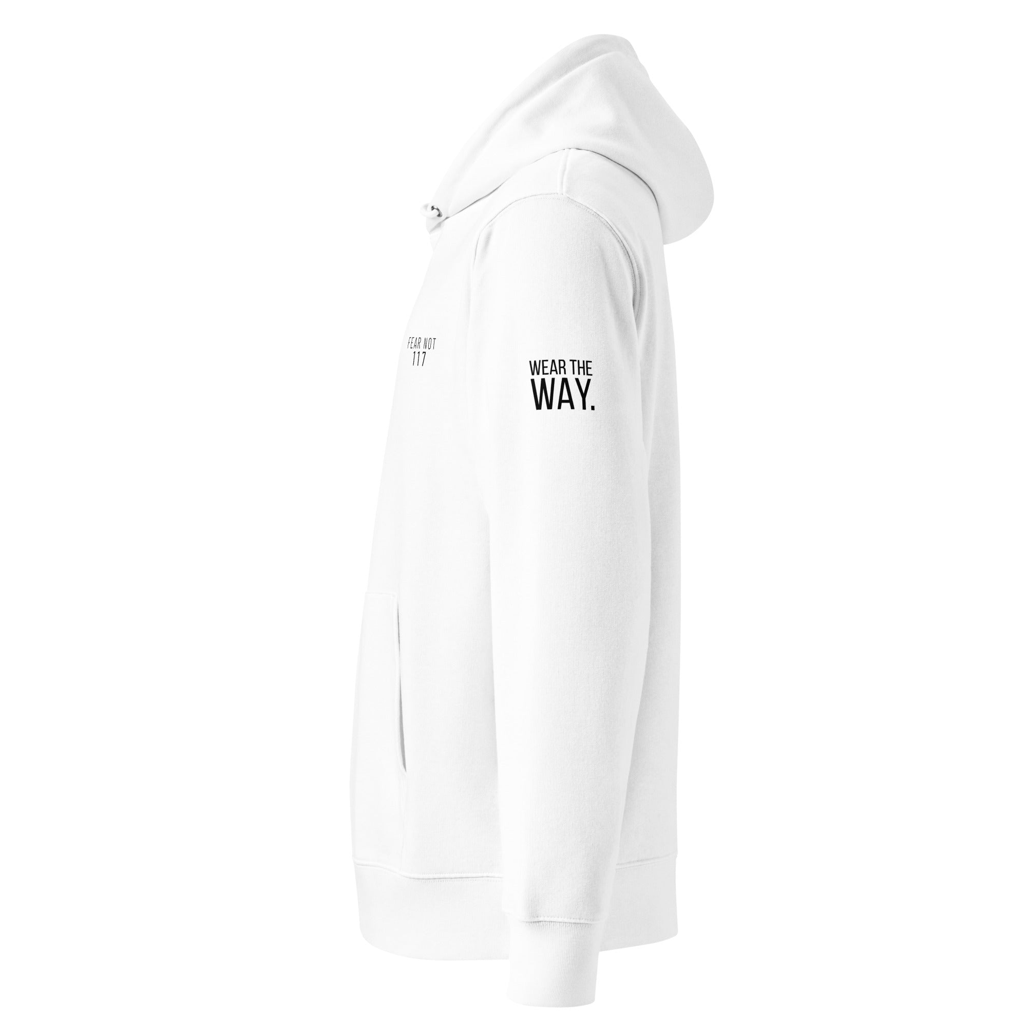White hoodie with text on a white background