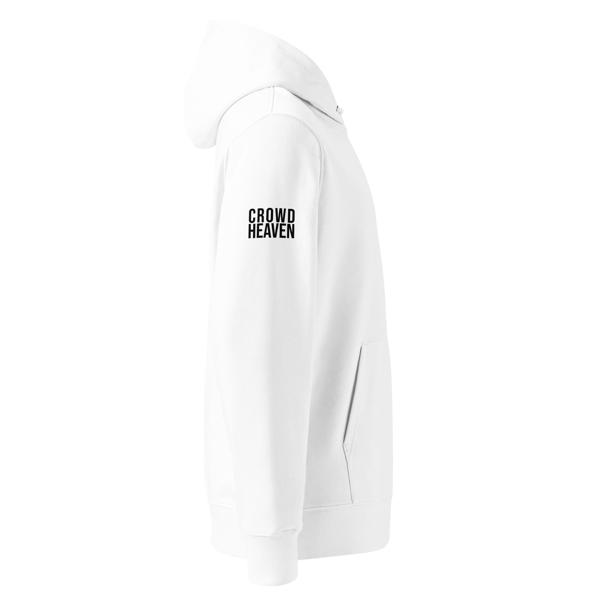 White sweatshirt with 'CROWD HEAVEN' text on a white background