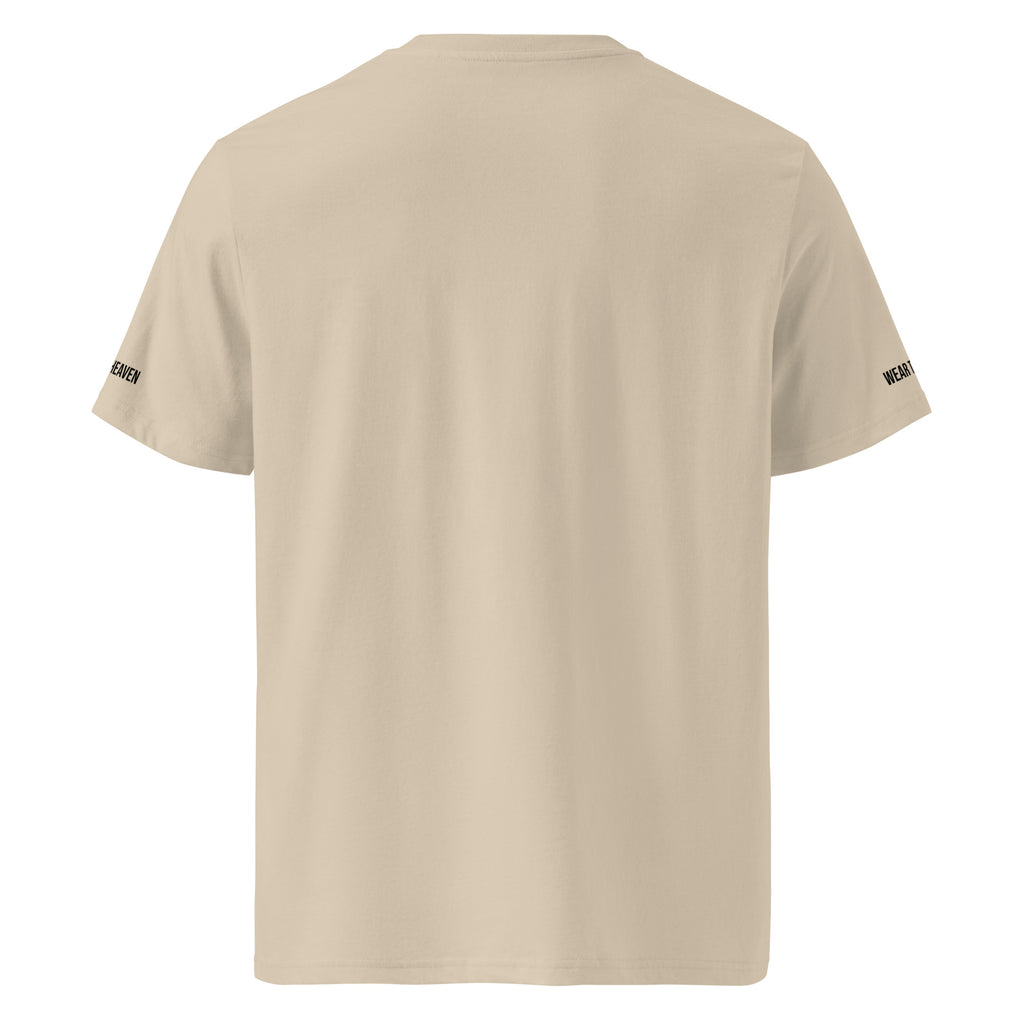 Beige t-shirt with brand logos on sleeves against a white background