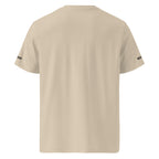 Beige t-shirt with brand logos on sleeves against a white background
