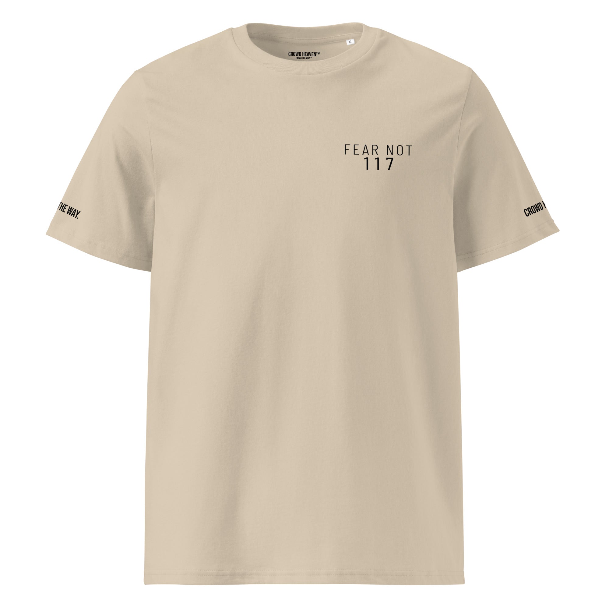 Beige t-shirt with text and logos on a white background