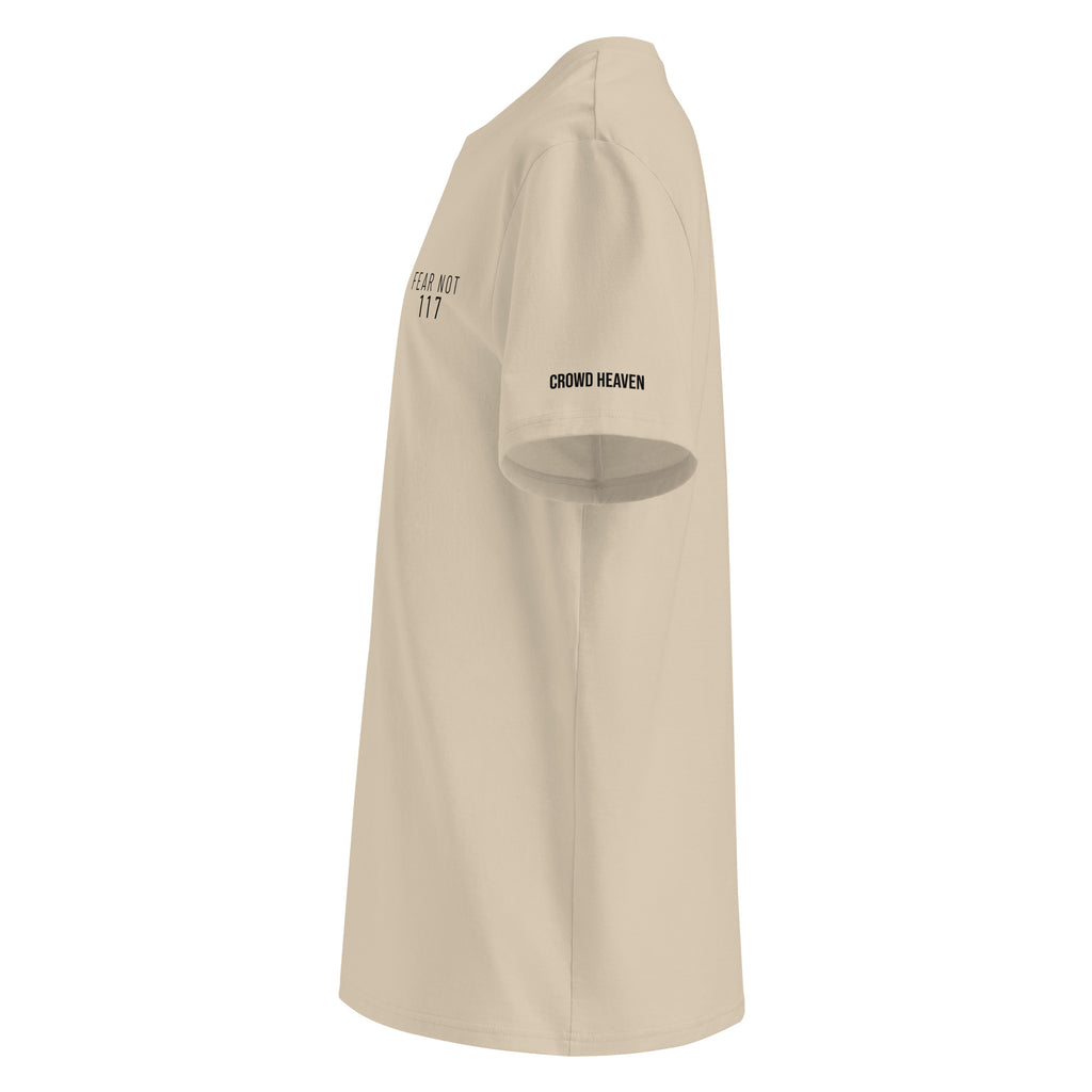 Beige hoodie with text on a white background