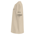 Beige hoodie with text on a white background